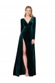 Compre Verde oscuro línea A Cuello en V Barrer tren Terciopelo Elástico Largo Formales Vestidos de dama de honor / Vestidos de fiesta