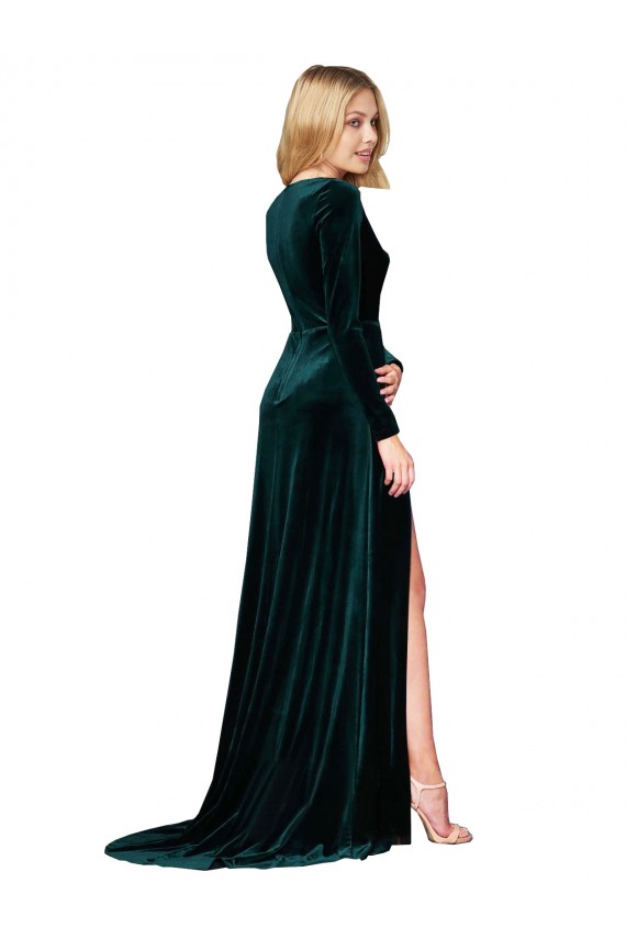 Compre Verde oscuro línea A Cuello en V Barrer tren Terciopelo Elástico Largo Formales Vestidos de dama de honor / Vestidos de fiesta