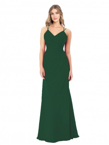 Compre Verde oscuro línea A Cuello en V Cuello de Corazón Gasa Largo Vestidos de dama de honor