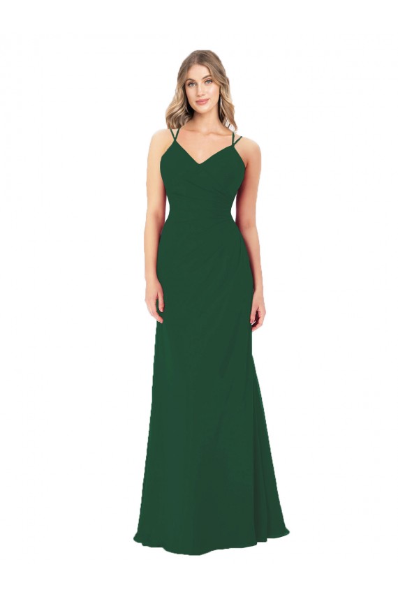 Compre Verde oscuro línea A Cuello en V Cuello de Corazón Gasa Largo Vestidos de dama de honor