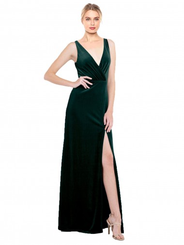 Compre Verde oscuro línea A Cuello en V Terciopelo Elástico Largo Formales Vestidos de dama de honor / Vestidos de fiesta