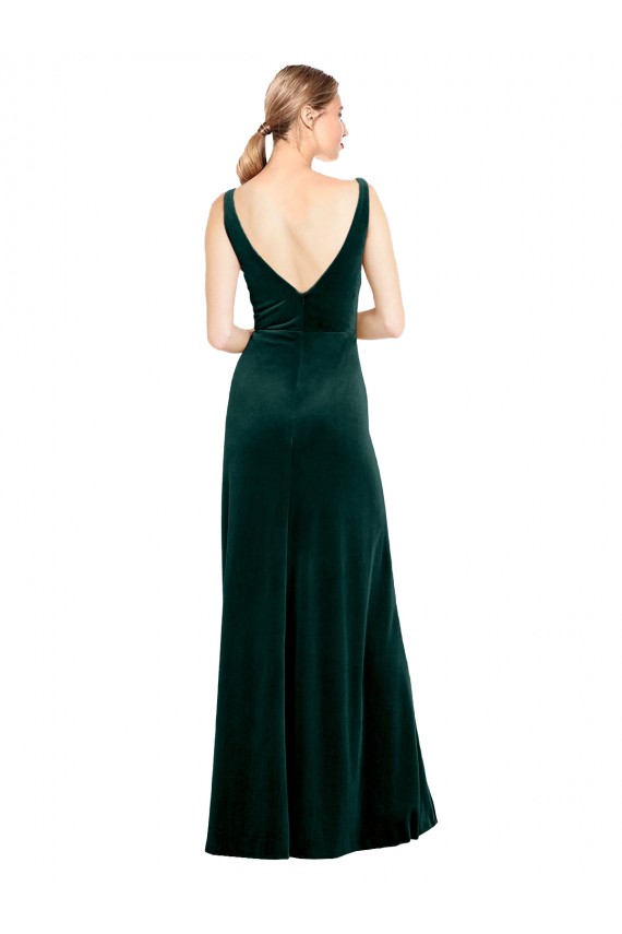 Compre Verde oscuro línea A Cuello en V Terciopelo Elástico Largo Formales Vestidos de dama de honor / Vestidos de fiesta