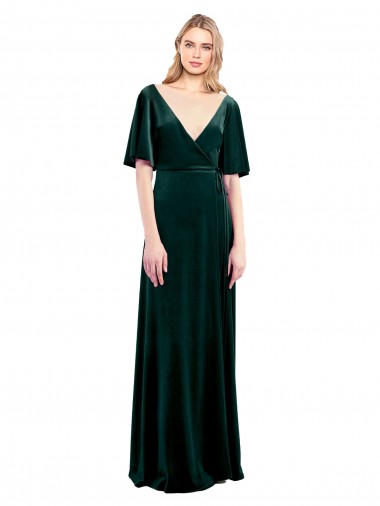 Compre Verde oscuro línea A Cuello en V Terciopelo Elástico Largo Vestidos de dama de honor / Vestidos de fiesta