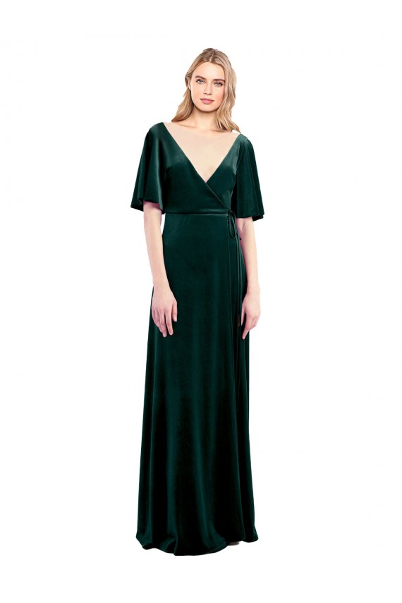 Compre Verde oscuro línea A Cuello en V Terciopelo Elástico Largo Vestidos de dama de honor / Vestidos de fiesta