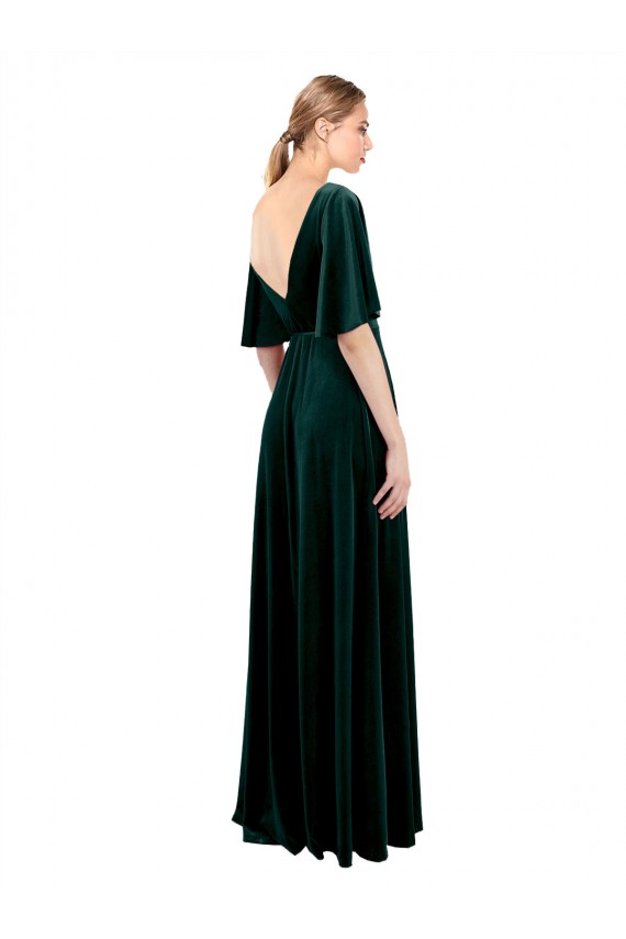 Compre Verde oscuro línea A Cuello en V Terciopelo Elástico Largo Vestidos de dama de honor / Vestidos de fiesta