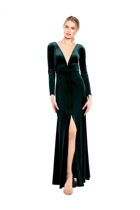 Compre Verde oscuro línea A Cuello en V Terciopelo Elástico Largo Vestidos de dama de honor / Vestidos de fiesta