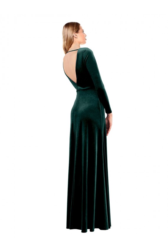 Compre Verde oscuro línea A Cuello en V Terciopelo Elástico Largo Vestidos de dama de honor / Vestidos de fiesta