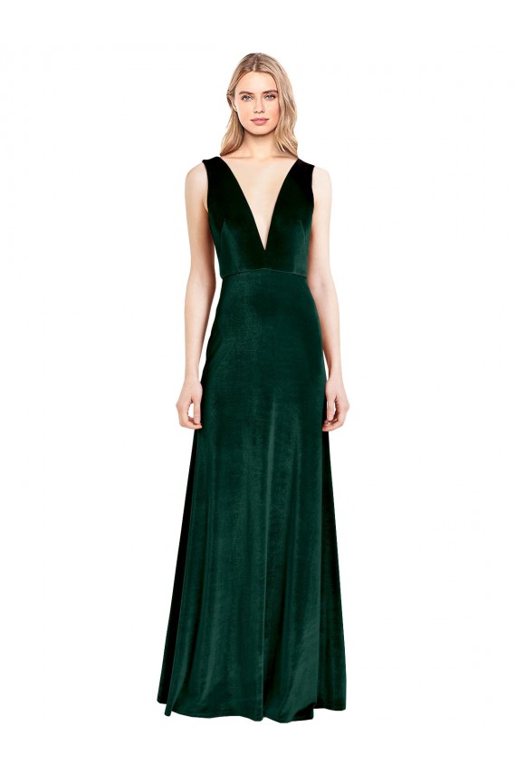 Compre Verde oscuro línea A Cuello en V Terciopelo Elástico Largo Formales Vestidos de dama de honor / Vestidos de fiesta