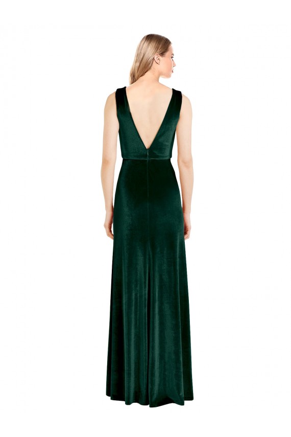 Compre Verde oscuro línea A Cuello en V Terciopelo Elástico Largo Formales Vestidos de dama de honor / Vestidos de fiesta