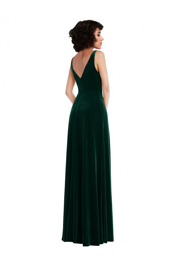 Compre Verde oscuro línea A Cuello en V Terciopelo Elástico Largo Vestidos de dama de honor / Vestidos de fiesta