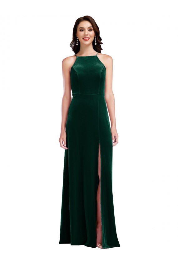 Compre Verde oscuro línea A Halter Cuello Alto Terciopelo Elástico Largo Vestidos de dama de honor / Vestidos de fiesta
