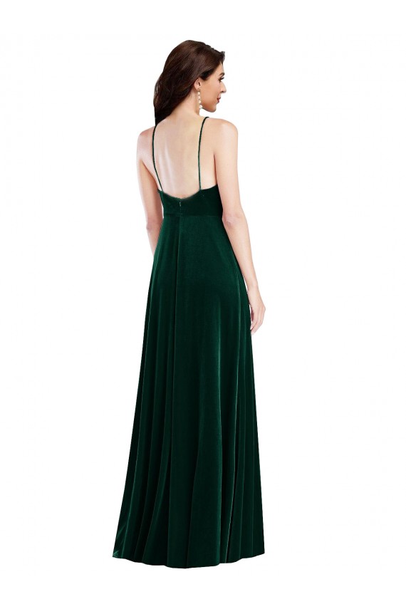Compre Verde oscuro línea A Halter Cuello Alto Terciopelo Elástico Largo Vestidos de dama de honor / Vestidos de fiesta