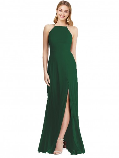 Compre Verde oscuro línea A Tirantes espagueti Cuello Alto Gasa Largo Vestidos de dama de honor