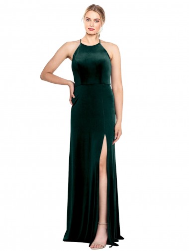 Compre Verde oscuro línea A Tirantes espagueti Cuello joya Terciopelo Elástico Largo Vestidos de dama de honor / Vestidos de fiesta