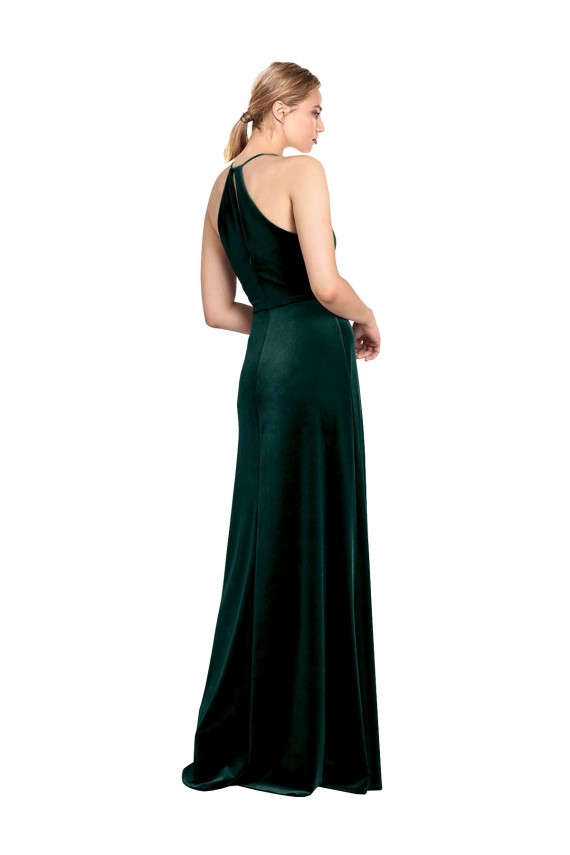 Compre Verde oscuro línea A Tirantes espagueti Cuello joya Terciopelo Elástico Largo Vestidos de dama de honor / Vestidos de fiesta