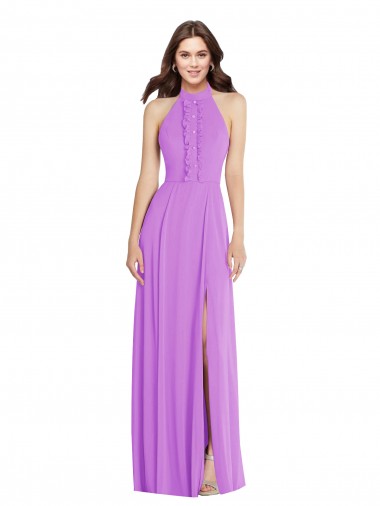 Compre Violeta línea A Halter Gasa Largo Formales Vestidos de dama de honor / Vestidos de noche