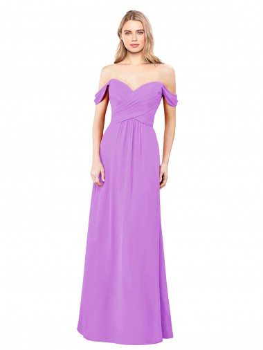 Compre Violeta línea A Hombros Descubiertos Gasa Largo Vestidos de dama de honor