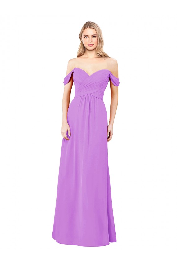 Compre Violeta línea A Hombros Descubiertos Gasa Largo Vestidos de dama de honor