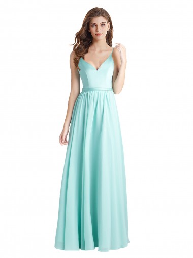 Compre Waterfall línea A Cuello en V Gasa Satén Largo Vestidos de dama de honor