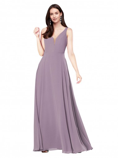 Compre lavanda oscura Cubierta Cuello en V Gasa Largo Formales Vestidos de dama de honor / Vestidos de noche
