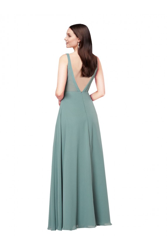 Compre lavanda oscura Cubierta Cuello en V Gasa Largo Formales Vestidos de dama de honor / Vestidos de noche