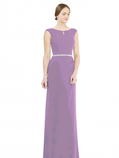 Compre lavanda oscura línea A Cuello Barco Cuello Alto Gasa Largo Vestidos de dama de honor