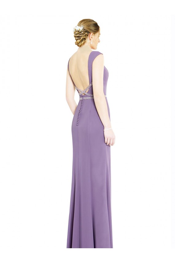 Compre lavanda oscura línea A Cuello Barco Cuello Alto Gasa Largo Vestidos de dama de honor