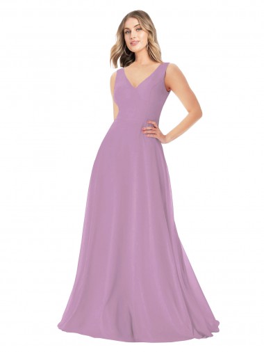 Compre lavanda oscura línea A Cuello en V Gasa Largo Vestidos de dama de honor