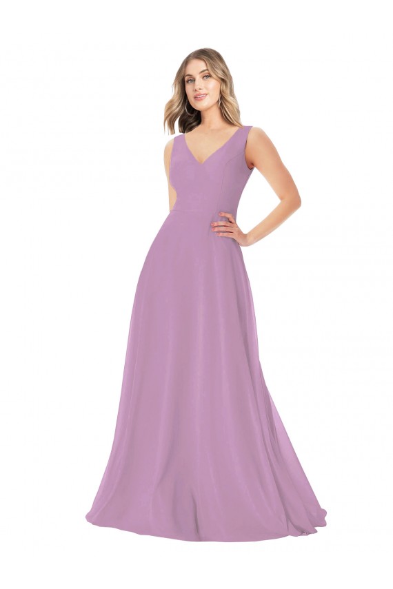 Compre lavanda oscura línea A Cuello en V Gasa Largo Vestidos de dama de honor