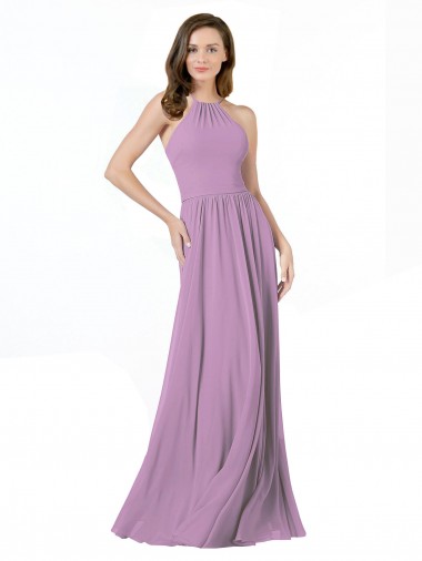Compre lavanda oscura línea A Halter Gasa Largo Vestidos de dama de honor