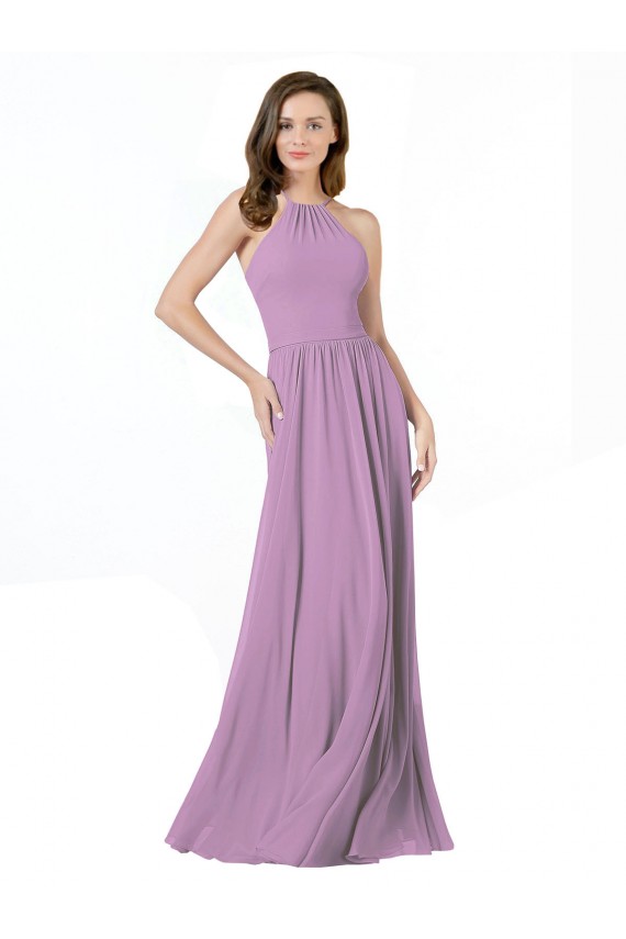 Compre lavanda oscura línea A Halter Gasa Largo Vestidos de dama de honor
