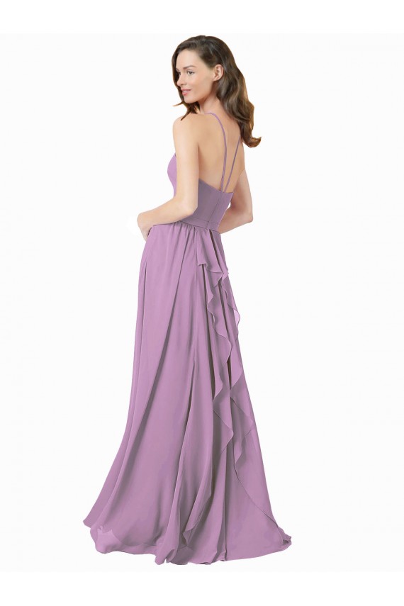 Compre lavanda oscura línea A Halter Gasa Largo Vestidos de dama de honor