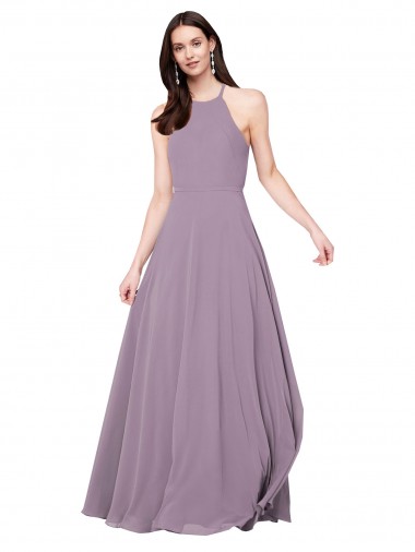 Compre lavanda oscura línea A Halter Gasa Largo Vestidos de dama de honor