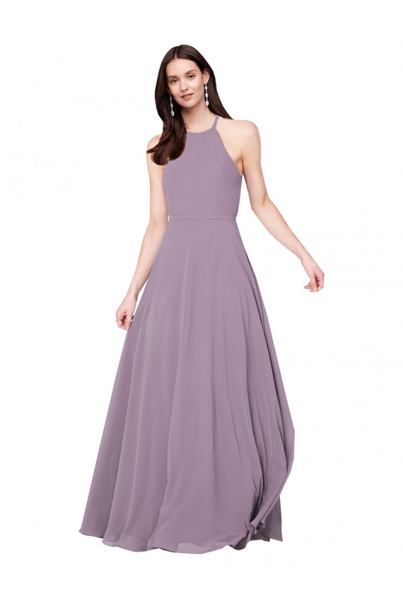 Compre lavanda oscura línea A Halter Gasa Largo Vestidos de dama de honor