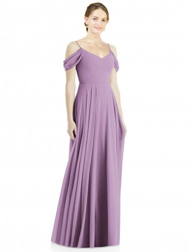 Compre lavanda oscura línea A Hombros Descubiertos Tirantes espagueti Gasa Largo Vestidos de dama de honor