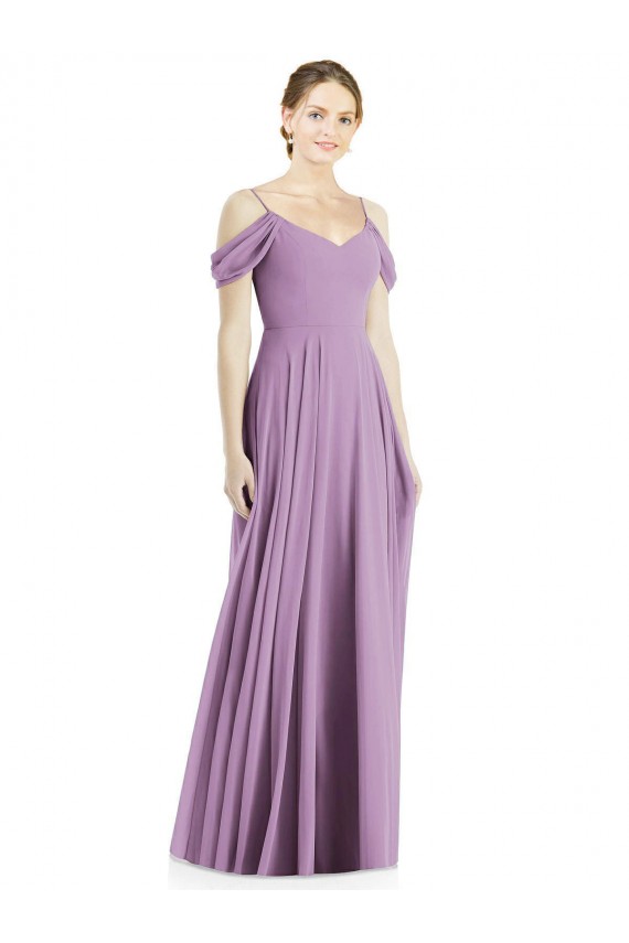 Compre lavanda oscura línea A Hombros Descubiertos Tirantes espagueti Gasa Largo Vestidos de dama de honor