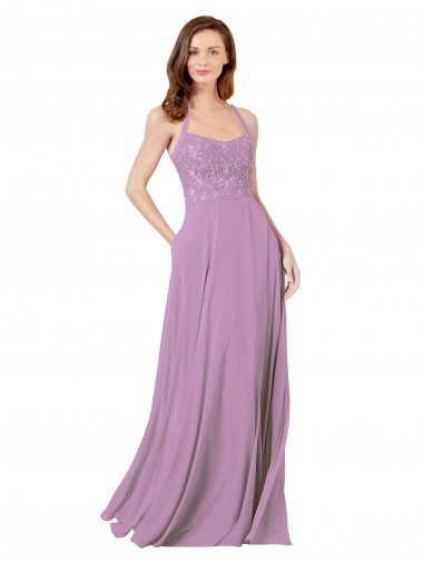 Compre lavanda oscura línea A Tirantes espagueti Gasa Encaje Largo Vestidos de dama de honor