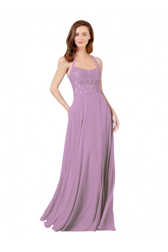 Compre lavanda oscura línea A Tirantes espagueti Gasa Encaje Largo Vestidos de dama de honor