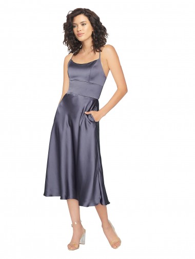 Compre línea A Cucharón Midi Satén sedoso Corto Vestidos de dama de honor / Vestidos de fiesta / Vestidos de cóctel