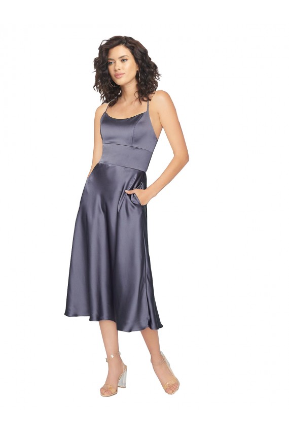 Compre línea A Cucharón Midi Satén sedoso Corto Vestidos de dama de honor / Vestidos de fiesta / Vestidos de cóctel