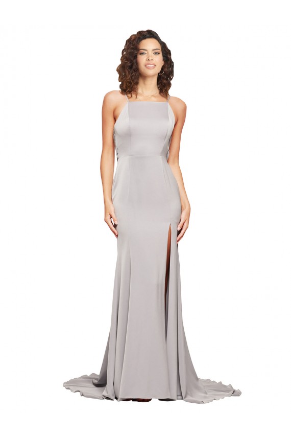 Compre línea A Cuello Alto Barrer tren Satén elástico Largo Formales Vestidos de dama de honor / Vestidos de fiesta