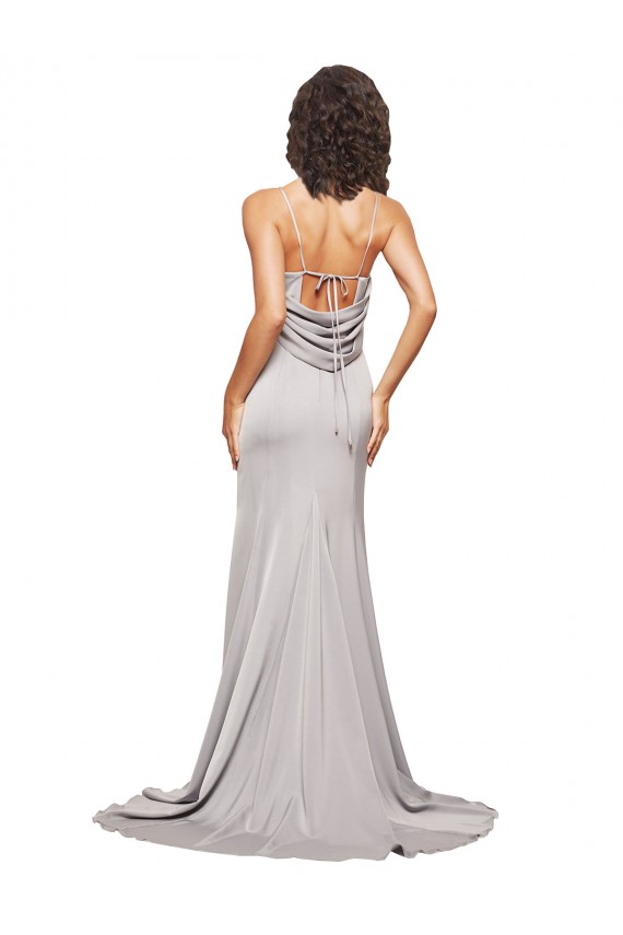 Compre línea A Cuello Alto Barrer tren Satén elástico Largo Formales Vestidos de dama de honor / Vestidos de fiesta