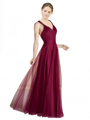 Compre línea A Cuello en V Cuello de Corazón Tul Largo Vestidos de dama de honor