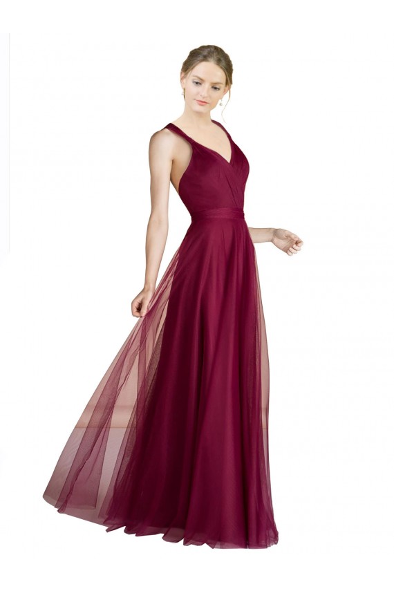 Compre línea A Cuello en V Cuello de Corazón Tul Largo Vestidos de dama de honor