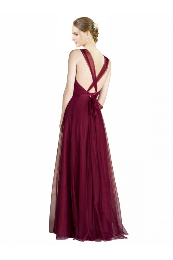 Compre línea A Cuello en V Cuello de Corazón Tul Largo Vestidos de dama de honor