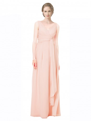Compre línea A Cuello en V Gasa Largo Vestidos de dama de honor