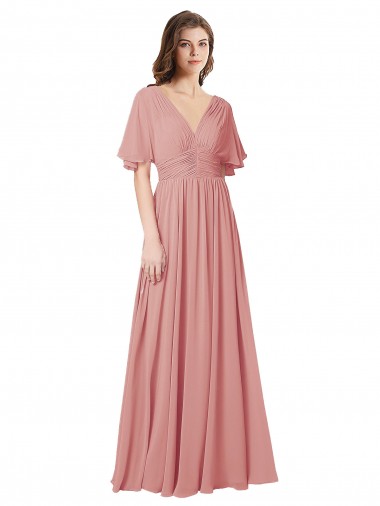 Compre línea A Cuello en V Gasa Largo Vestidos de dama de honor