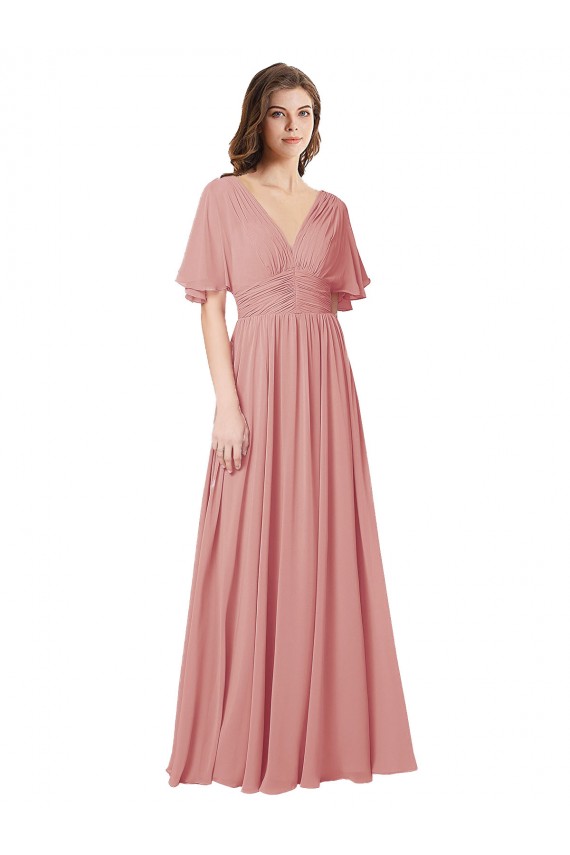 Compre línea A Cuello en V Gasa Largo Vestidos de dama de honor