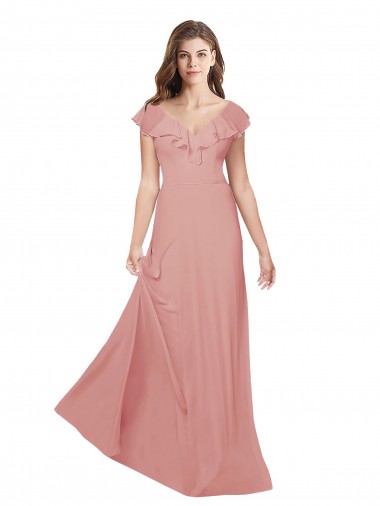 Compre línea A Cuello en V Gasa Largo Vestidos de dama de honor