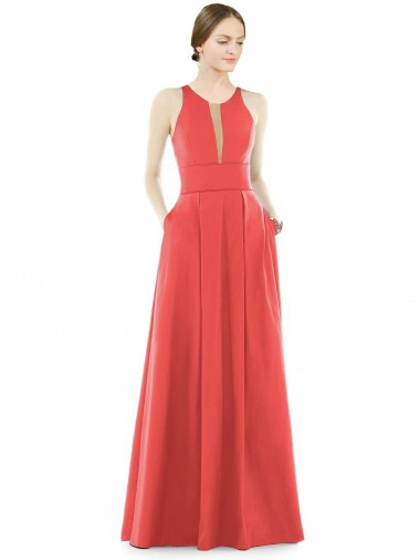 Compre línea A Cuello joya Satén Largo Vestidos de dama de honor